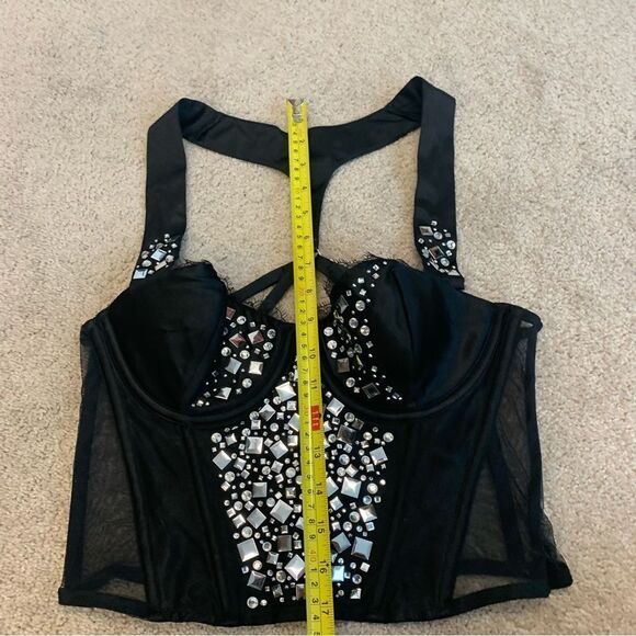 VICTORIA’S Secret black metallic silver stud rhinestone bustier corset 36C NWOT - Picture 10 of 13
